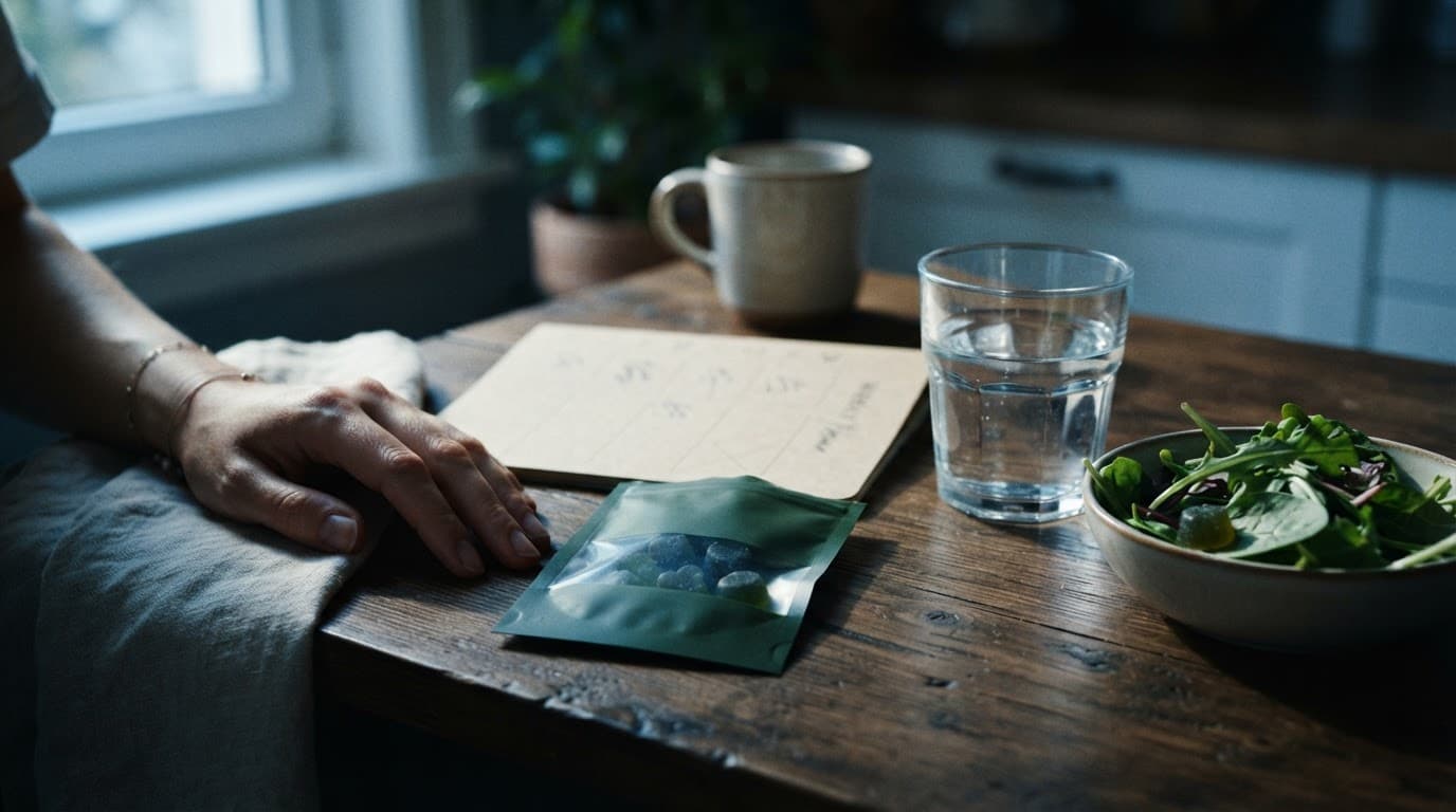 A hand beside green gummies, a planner, water glass, and leafy greens on a kitchen table.