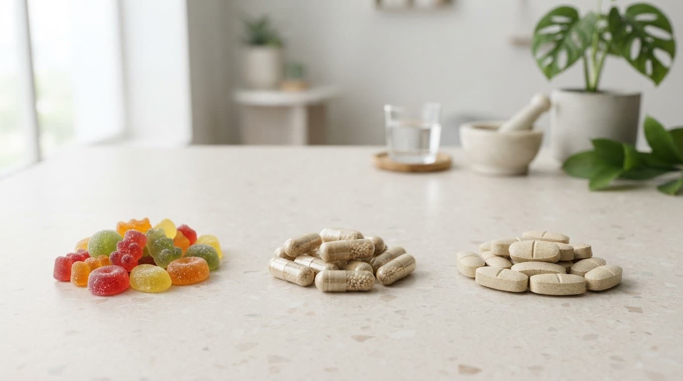 Gummies, capsules, and tablets arranged separately on a pale surface with water and greenery.