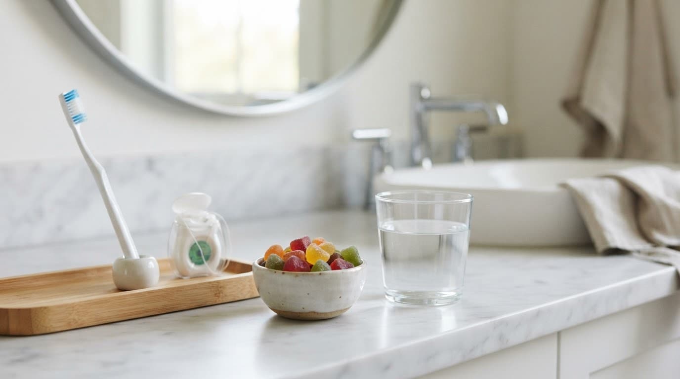 Toothbrush, dental floss, vitamin gummies, and water on a bright bathroom counter.
