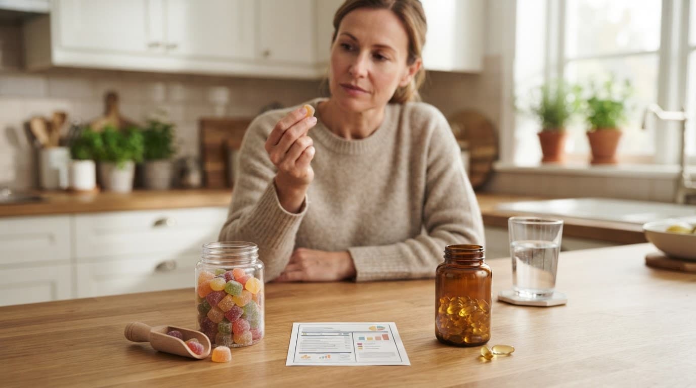 Gummy vitamins and a capsule sit beside water on a kitchen counter.