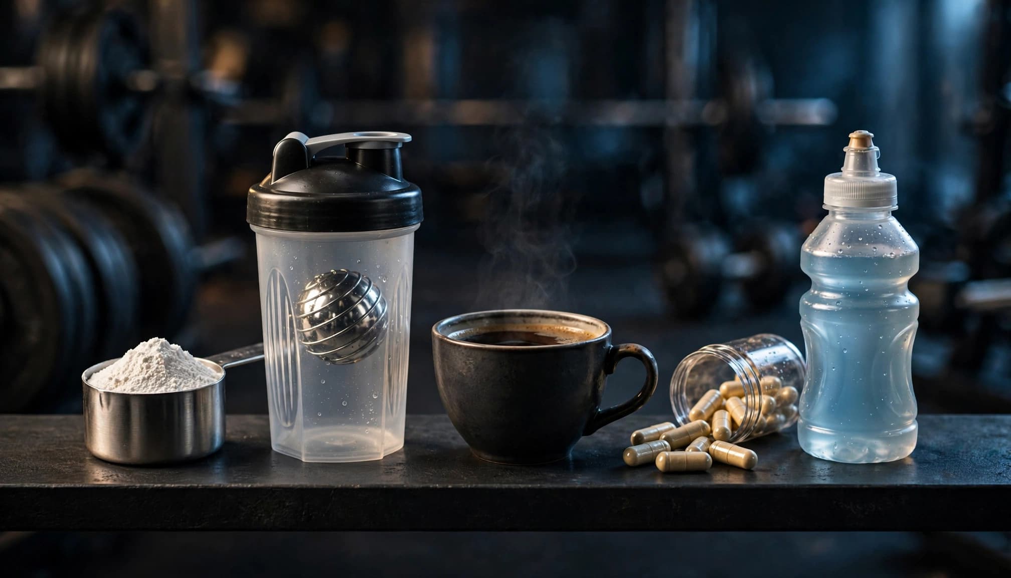 Five supplement items arranged on a dark gym shelf with blurred weights behind them.