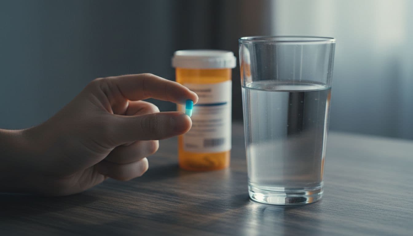 Hand holds ibrutinib capsule next to glass of water on wooden table, blurred prescription bottle in background.