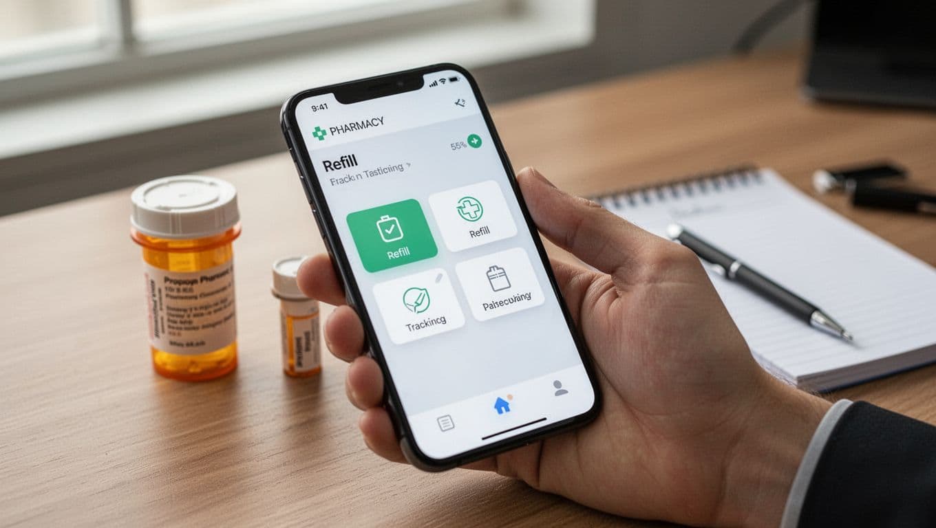 Close-up of a smartphone screen held naturally by one hand, displaying a simple pharmacy app with refill buttons and tracking icons. The phone rests on a wooden desk next to a prescription bottle and notepad under soft office lighting.