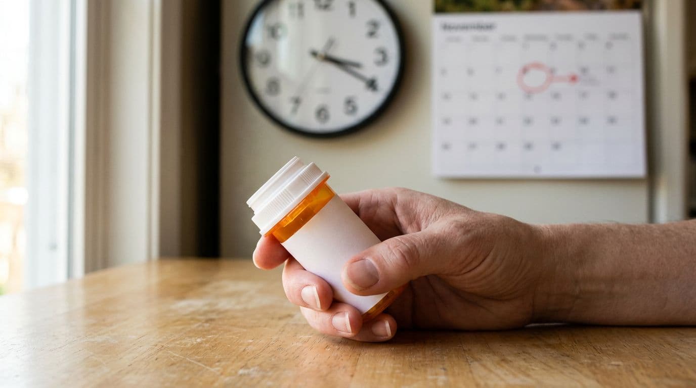 Patient's hand holding a prescription pill bottle on a kitchen table, with calendar and clock in the background indicating delayed delivery, realistic photo in soft natural light.