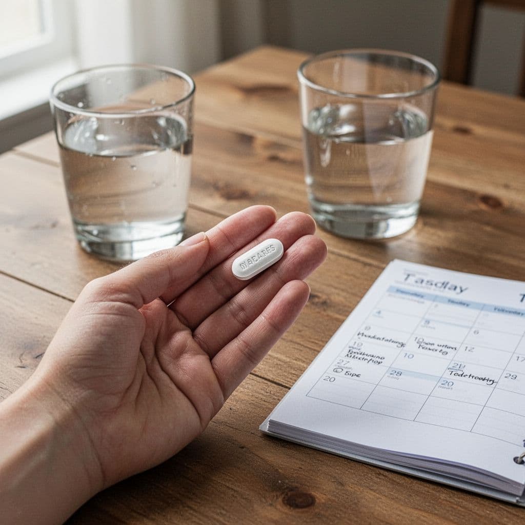 Patient's hand holding a single white oval pill on a wooden table with a water glass and daily planner nearby, in a natural indoor setting with soft daylight, realistic photo.