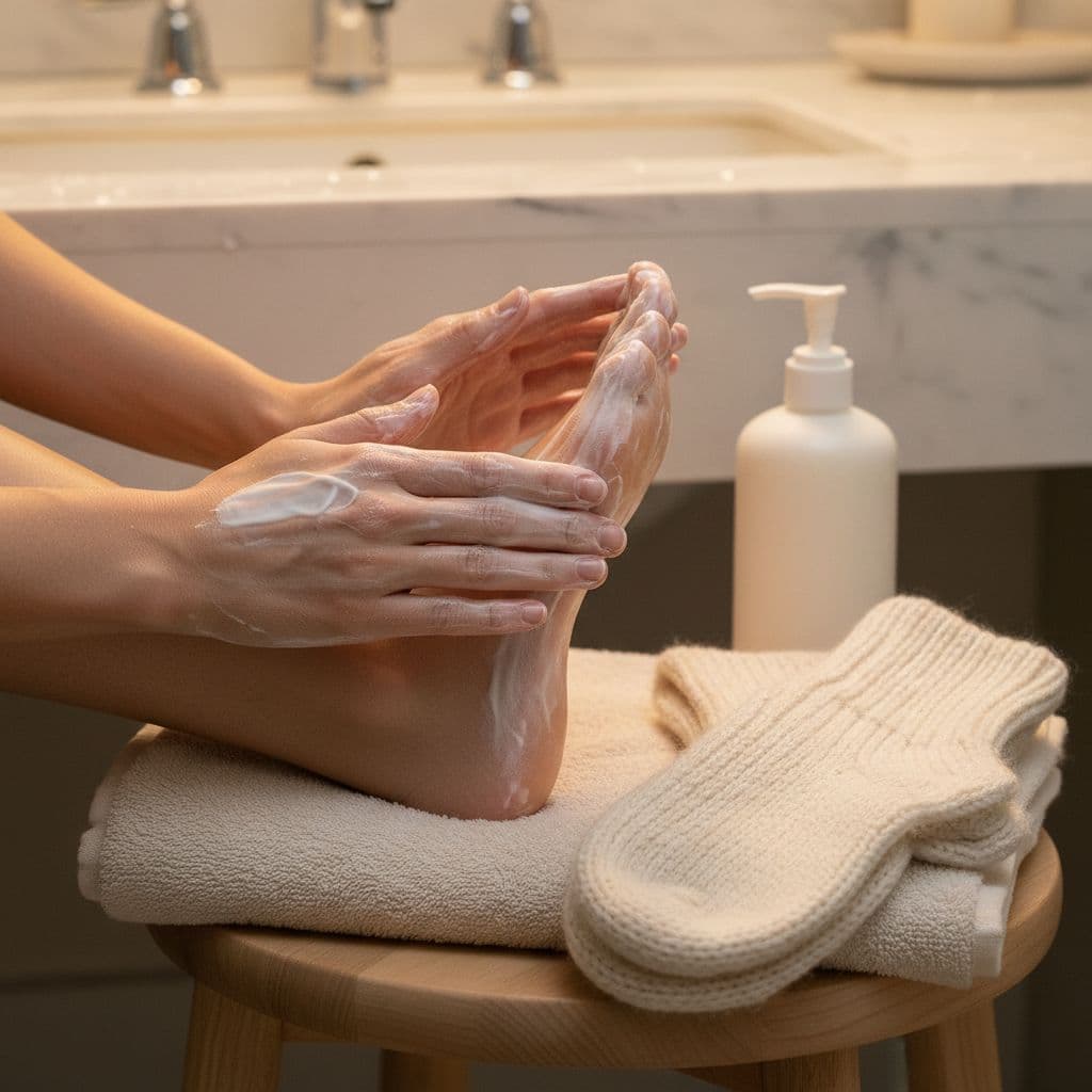 Hands applying thick moisturizer to palms and soles, with soft socks nearby and a bottle of lotion on a clean bathroom counter under warm lighting in realistic style. Exactly two hands visible in relaxed pose, no full people shown, no text or labels.