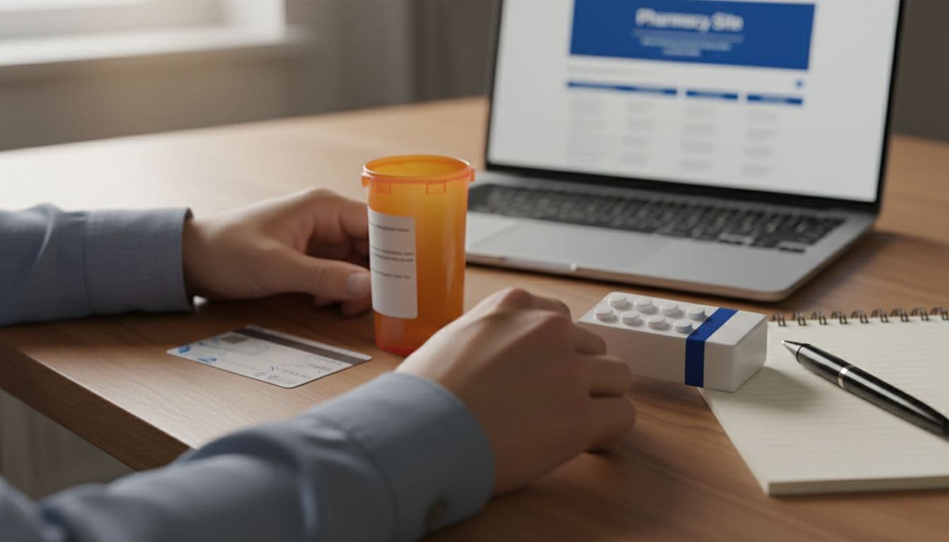 Close-up of patient's hands at a wooden home desk arranging prescription bottle, insurance card, generic pill pack, and notepad with pen; blurred laptop screen shows pharmacy site in background.