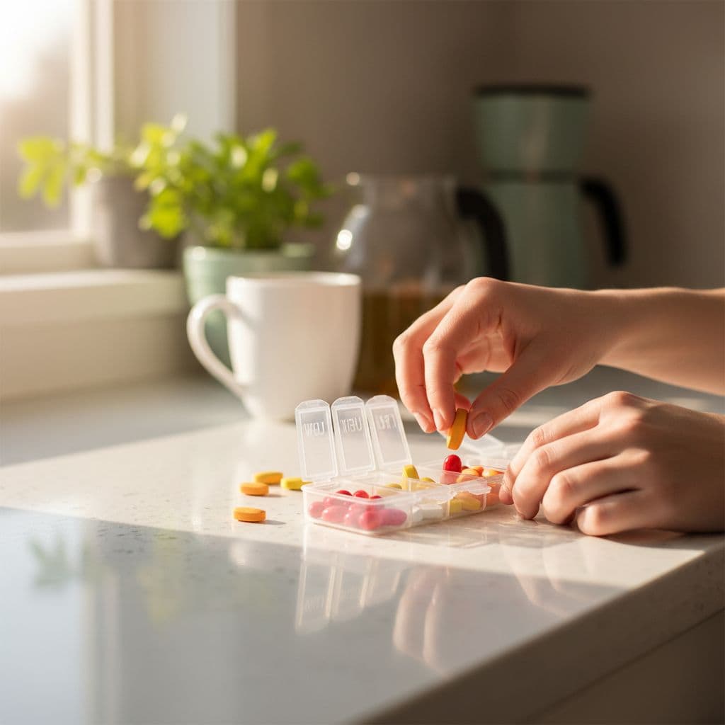 Close-up of hands sorting colorful vitamin capsules and tablets into a clear plastic organizer on a kitchen counter.