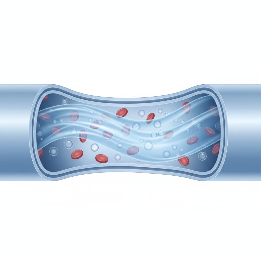 A cross-section of a pristine human artery displays a clear lumen with steady blood flow. The vessel walls are thin and unobstructed against a clean, professional blue and white background.