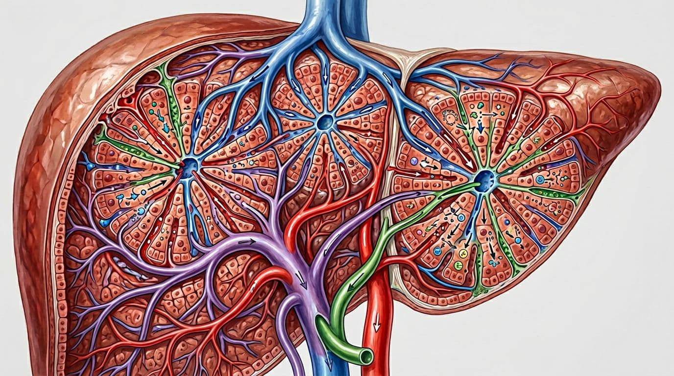 Detailed cross-section of a healthy human liver displaying blood vessels and detoxification processes like filtering and processing, in realistic medical illustration style with soft natural lighting.