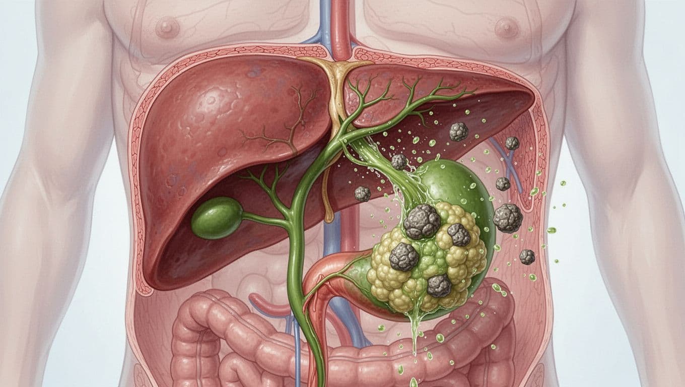 Cross-section view of a healthy human liver and bile ducts showing smooth bile flow with reduced cholesterol particles dissolving small gallstones in the gallbladder.