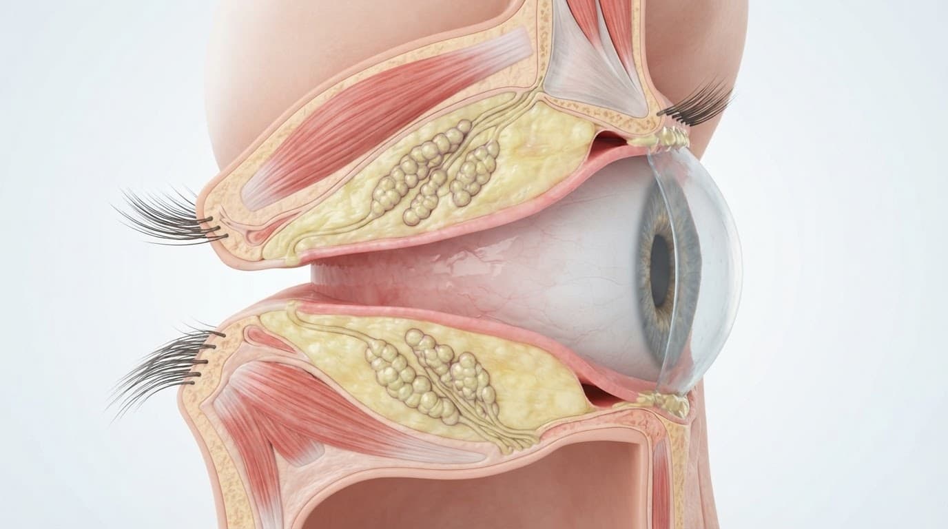 Cross section of eyelids showing healthy meibomian glands.