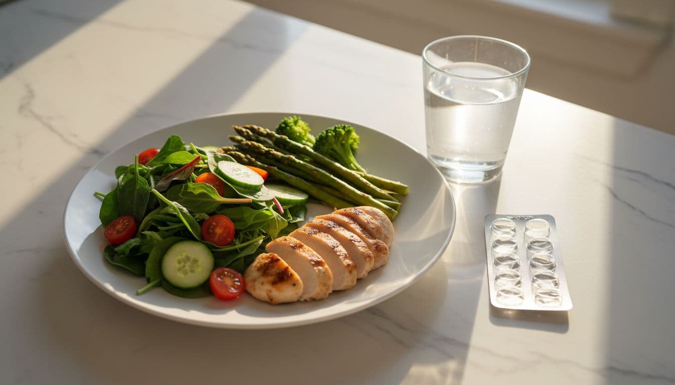 Plate of salad, lean protein, and vegetables next to water glass and empty pill pack on kitchen counter.