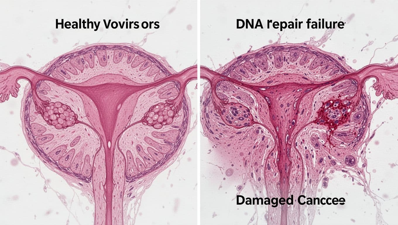 Microscopic side-by-side view of healthy ovarian tissue in vibrant pink tones next to damaged cancer tissue with DNA repair failure, medical illustration.