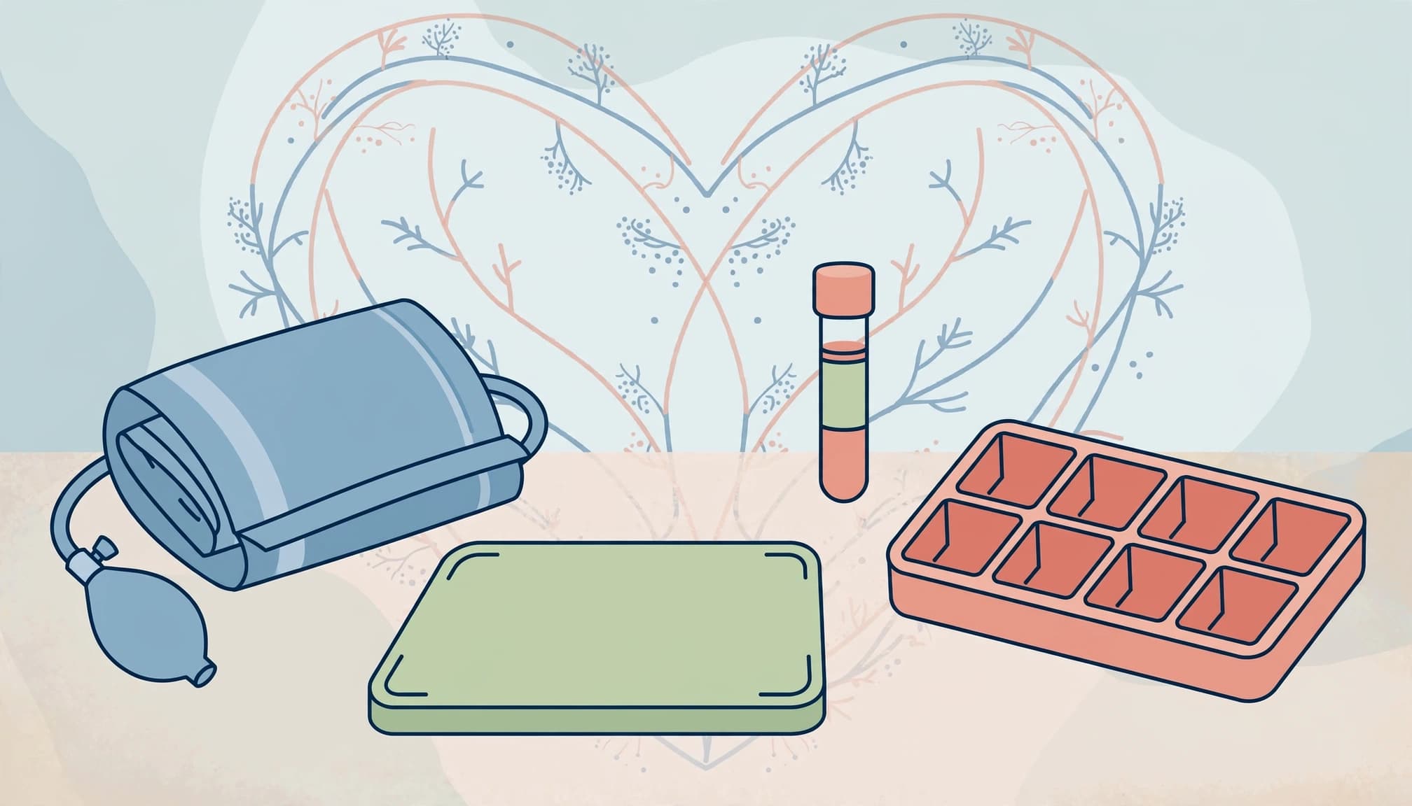 An illustration of medical monitoring tools on a countertop with a heart motif.