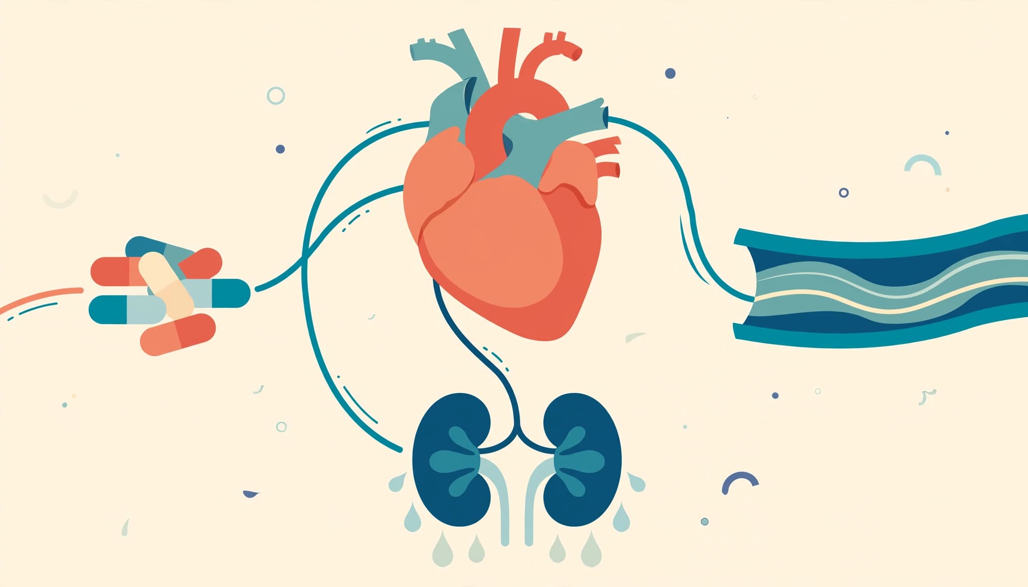 A flat vector medical illustration showing a heart, blood vessels, kidneys, and medicine capsules.