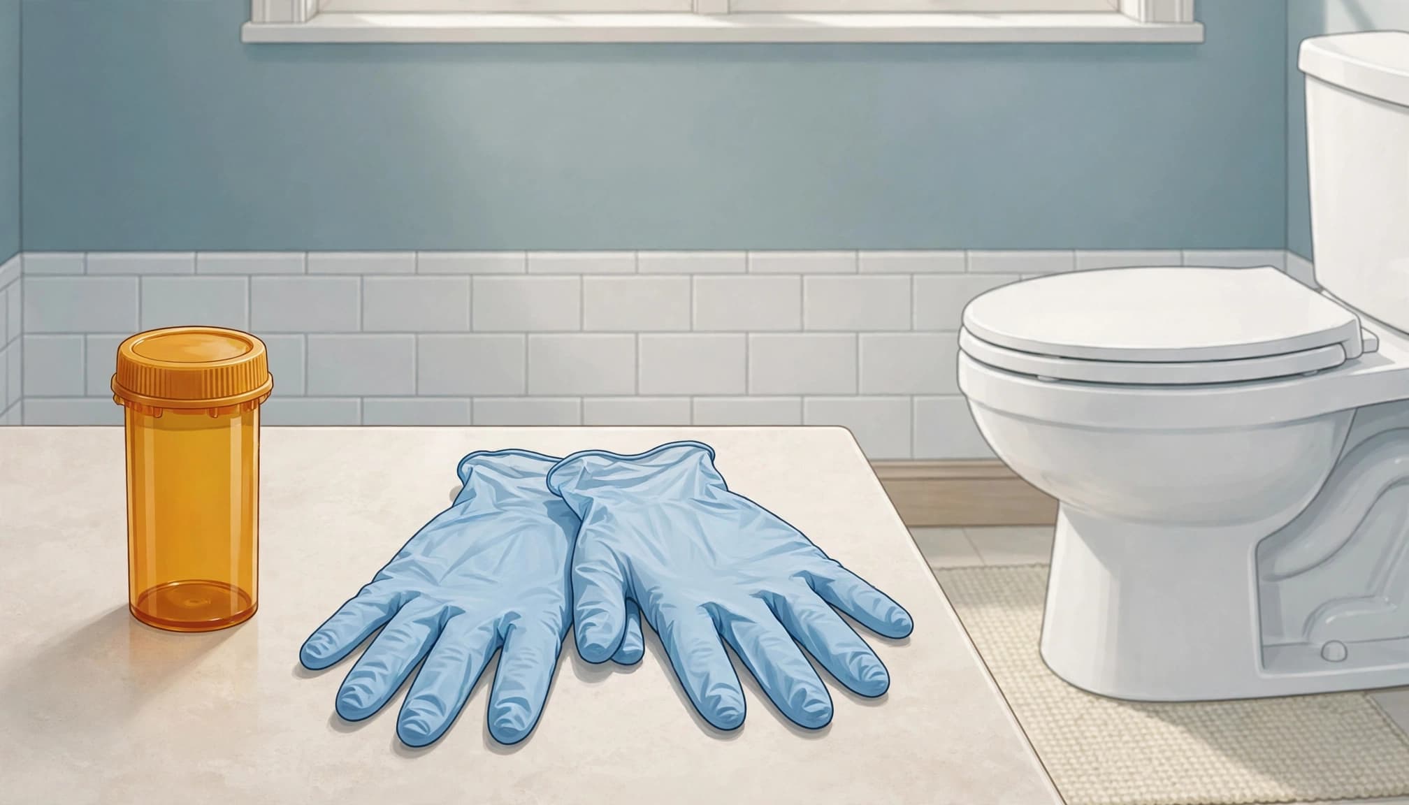 An illustration of an amber pill bottle and blue disposable gloves on a counter next to a toilet.