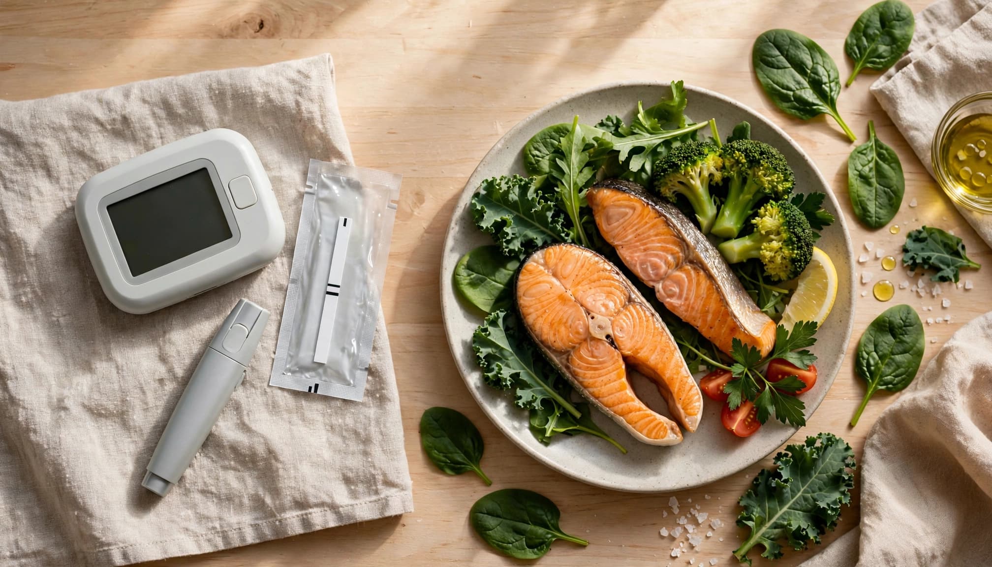 A small testing kit sits beside a plate of greens and fish on a bright counter.