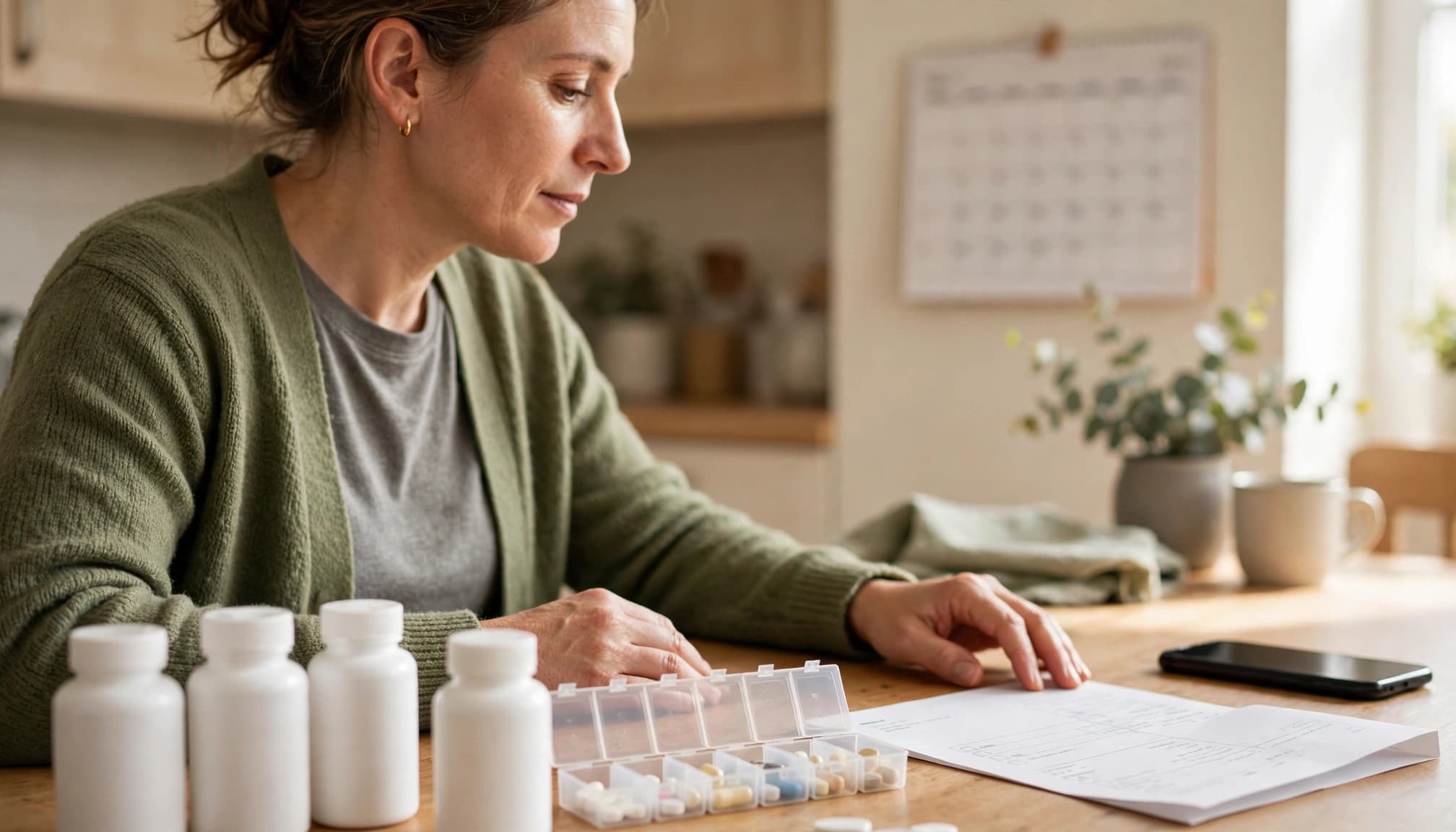 Caregiver reviewing medicines beside a pill organizer and phone at a bright kitchen table.