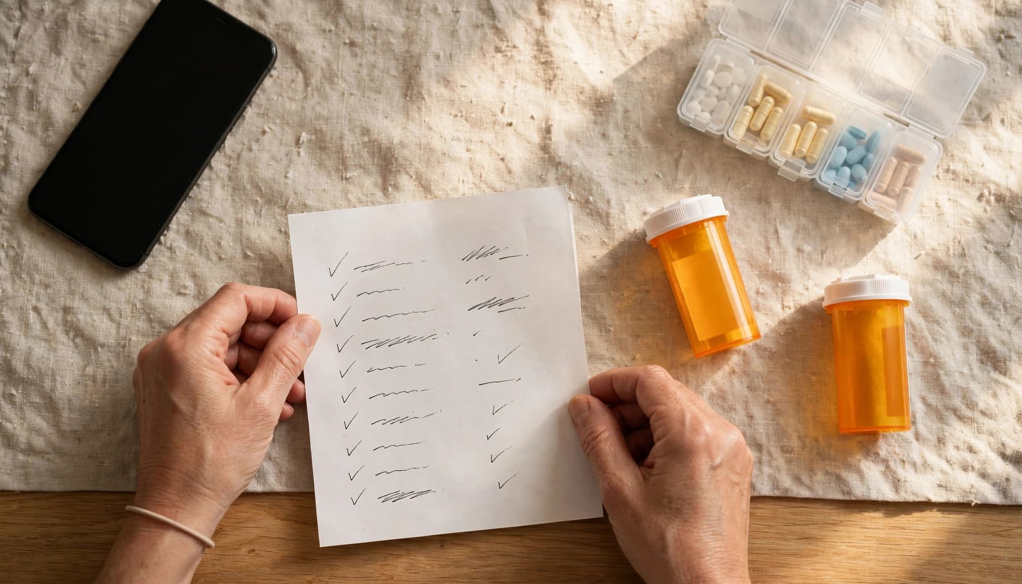 Hands arrange a medicine list beside pill containers and an organizer.