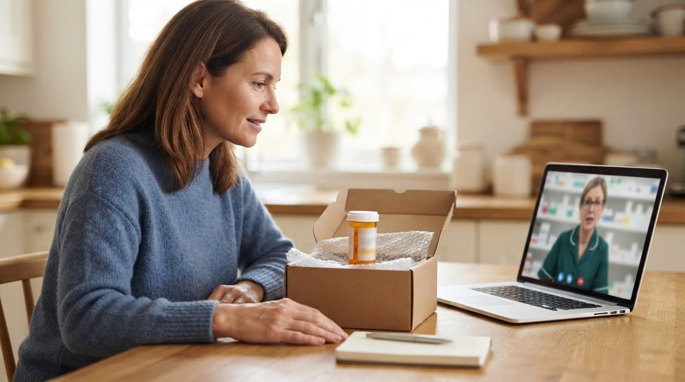 A patient reviews a prescription package beside a laptop and notebook at a kitchen table.