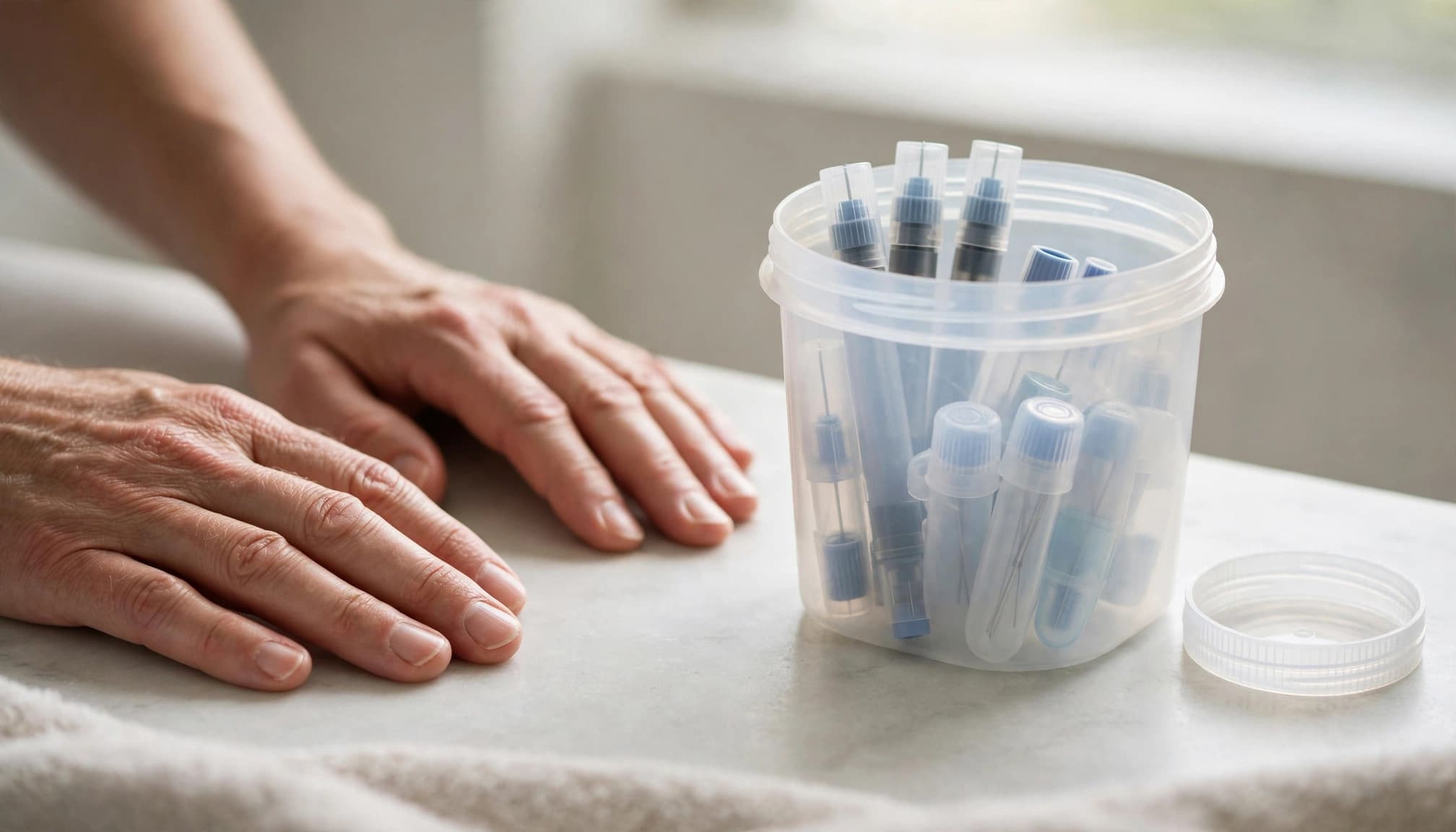 Hands beside a sealed container holding capped needles and lancets on a bathroom counter.