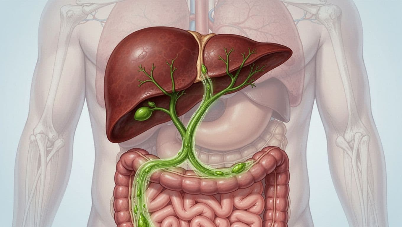 A realistic medical illustration of a human liver in the upper right abdomen, with small bile ducts visible, showing bile as a gentle green stream flowing smoothly from the liver through the ducts into the small intestine below.