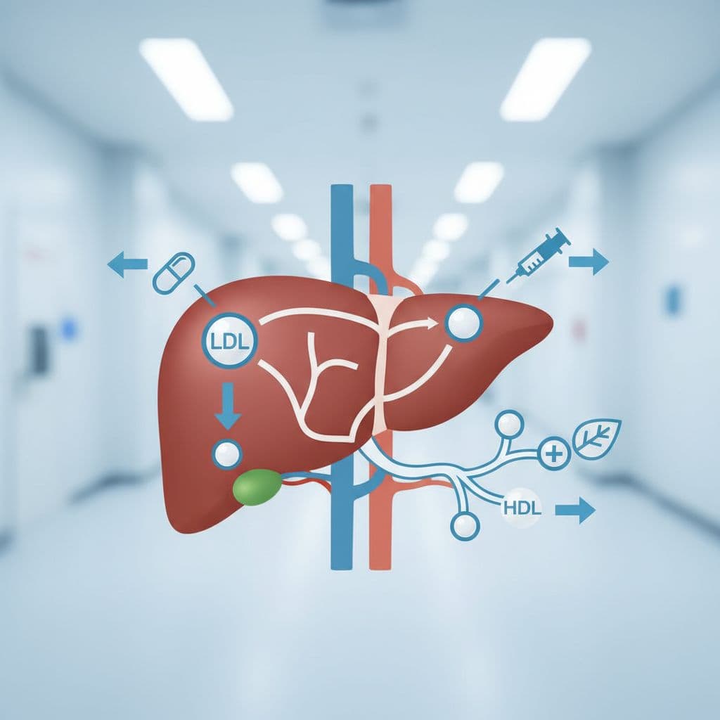 A simplified clinical illustration depicts the human liver connected to a complex network of blood vessels. Intricate pathways represent cholesterol regulation, highlighted in cool blue tones against a clean white background.