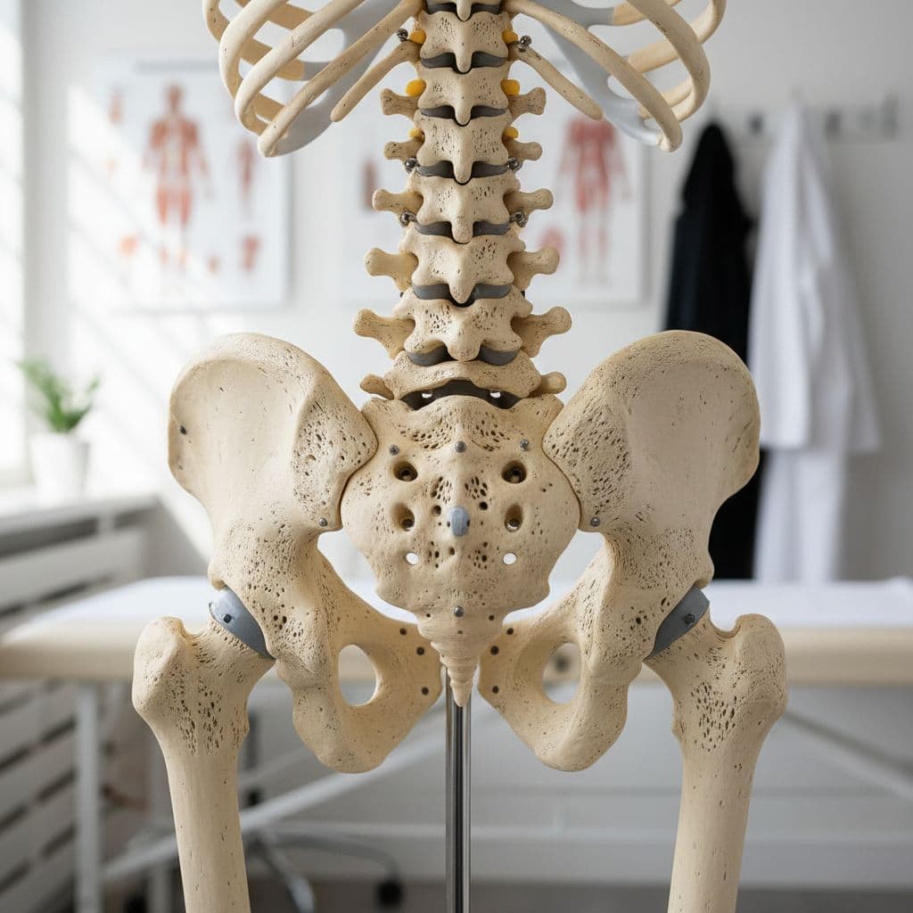 A close-up view highlights the intricate vertebrae and pelvic bone of an anatomical model. The detailed porous texture of the simulated bone is sharply focused against a blurred clinical office background.