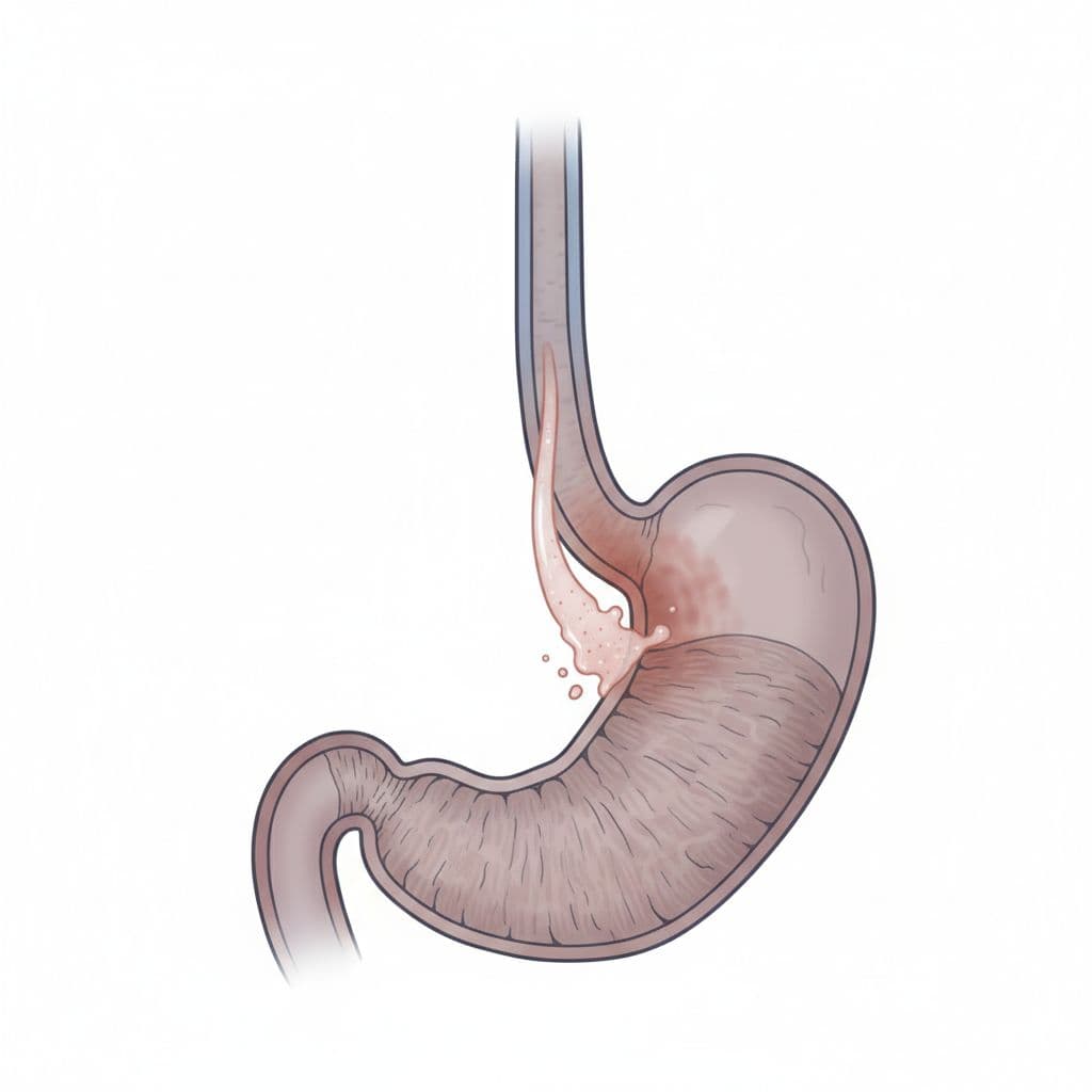 A clinical cross-section illustration highlights the human esophagus and stomach lining. Soft, neutral tones visualize the internal reflux mechanism to help patients understand common digestive health conditions and professional medical processes.