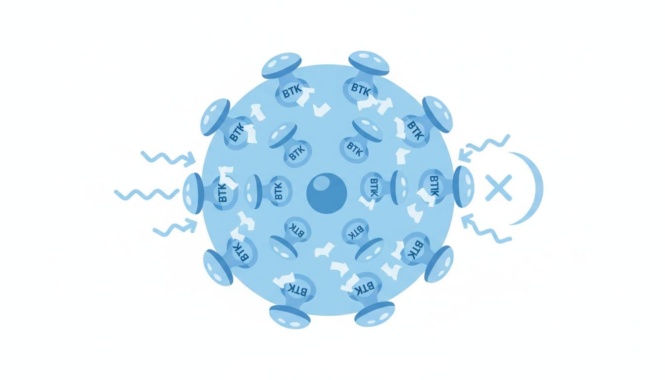 Ibrutinib molecules block BTK enzymes on a central B-cell surface, with arrows indicating prevented growth signals.