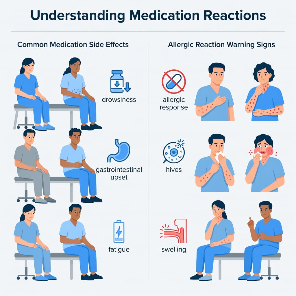 An educational medical chart showing diverse patients with mild fatigue contrasted with symptoms of allergic reactions.