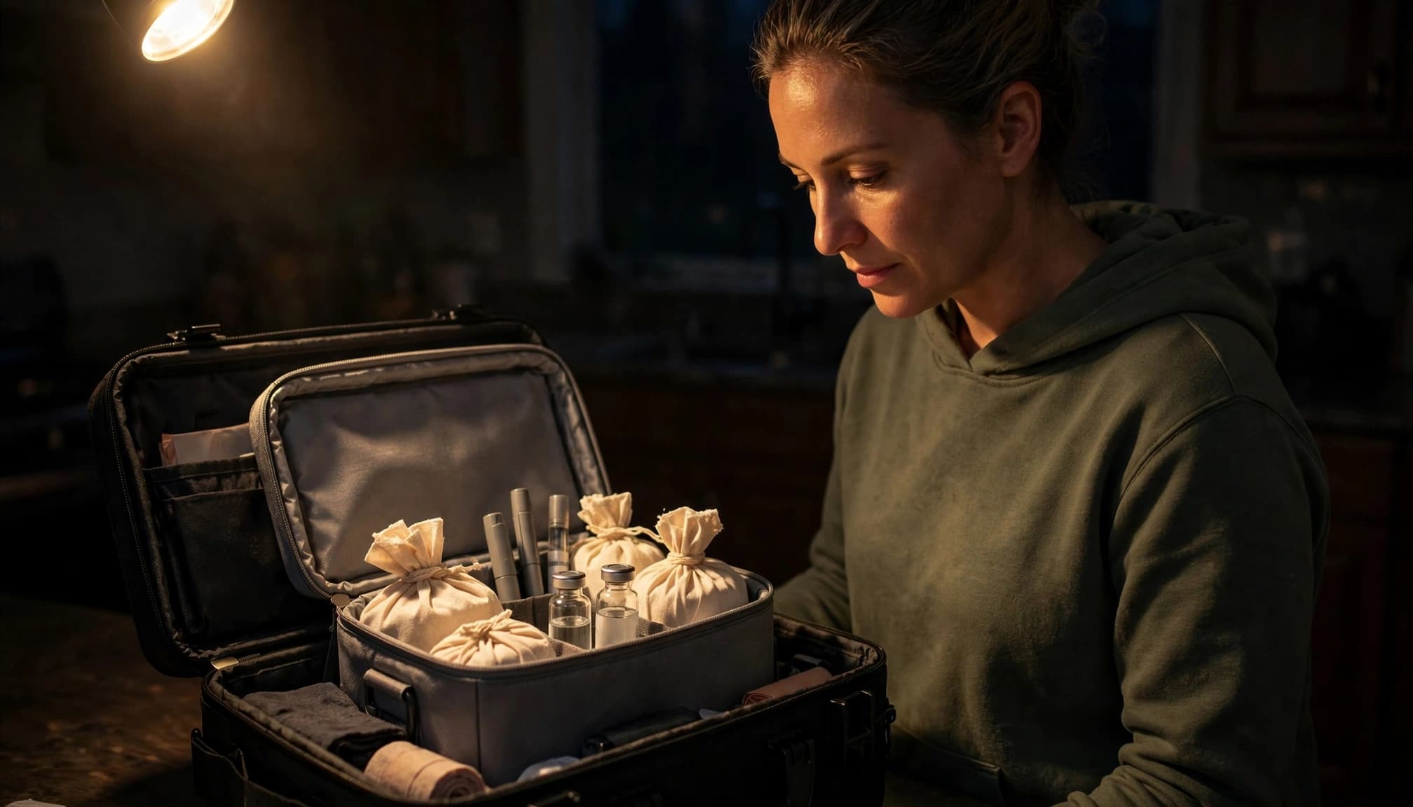 Caregiver checks insulin in a cooler during a nighttime power outage.