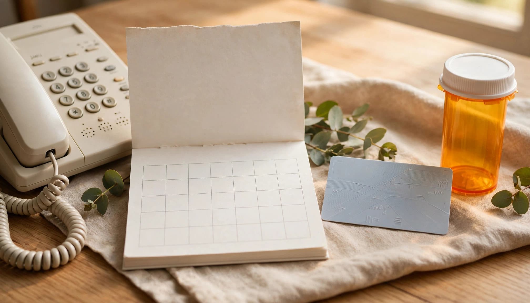 A prescription bottle, insurance card, calendar, and telephone arranged on a kitchen table.