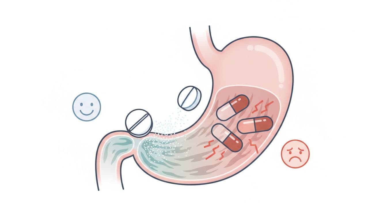 Diagram shows stomach in digestive system with iron pills entering; one dissolves easily with calm face icon, others irritate with upset faces.