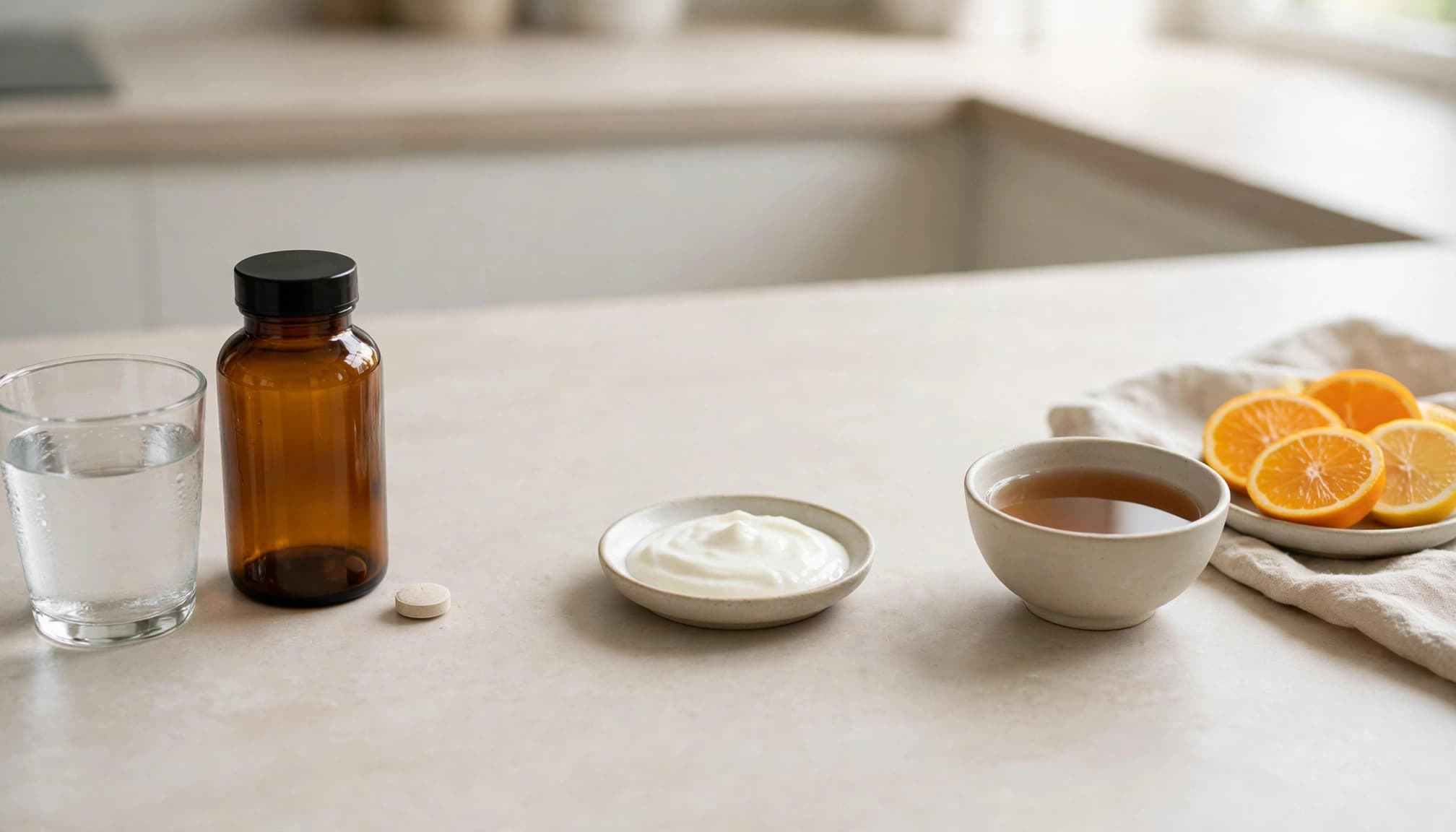 An amber bottle, tablet, and water sit apart from small dishes of yogurt, tea, and citrus.