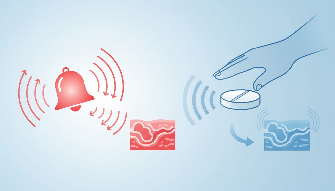 Illustration of an overactive immune alarm blaring inflammation signals in joints and skin, blocked by a JAK inhibitor pill like turning down the alarm volume, in clean medical diagram style with arrows and soft blue-red tones.