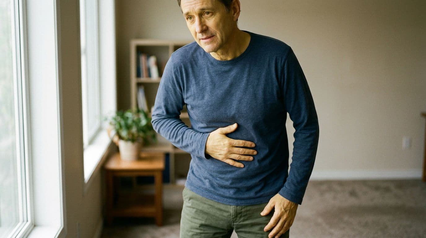 A realistic image of a single person standing in natural light with subtle yellowing of the skin and eyes indicating jaundice, hand placed on the right upper abdomen showing discomfort, relaxed pose.