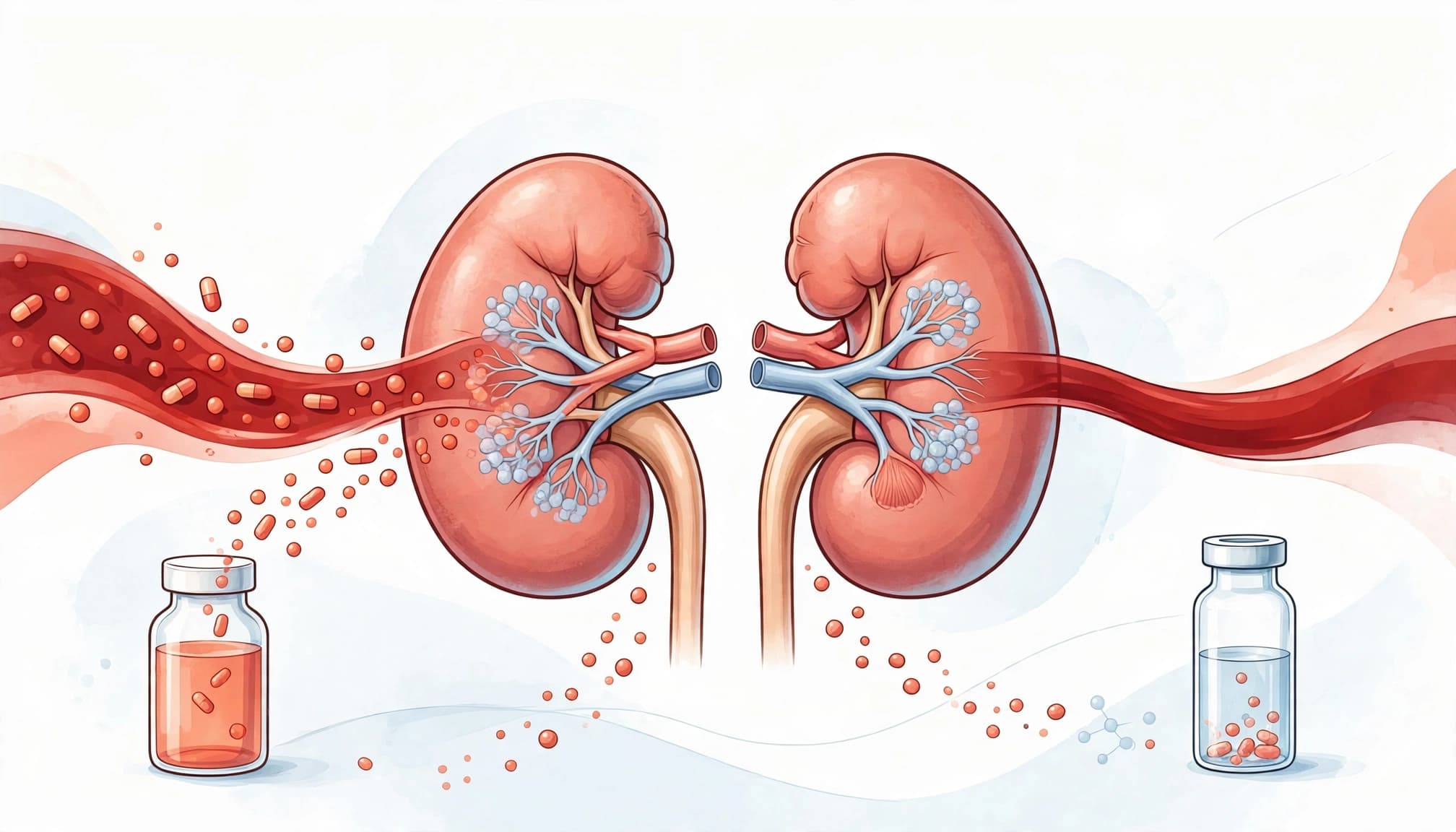 Kidneys filter blood beside a medicine bottle and lab vial.