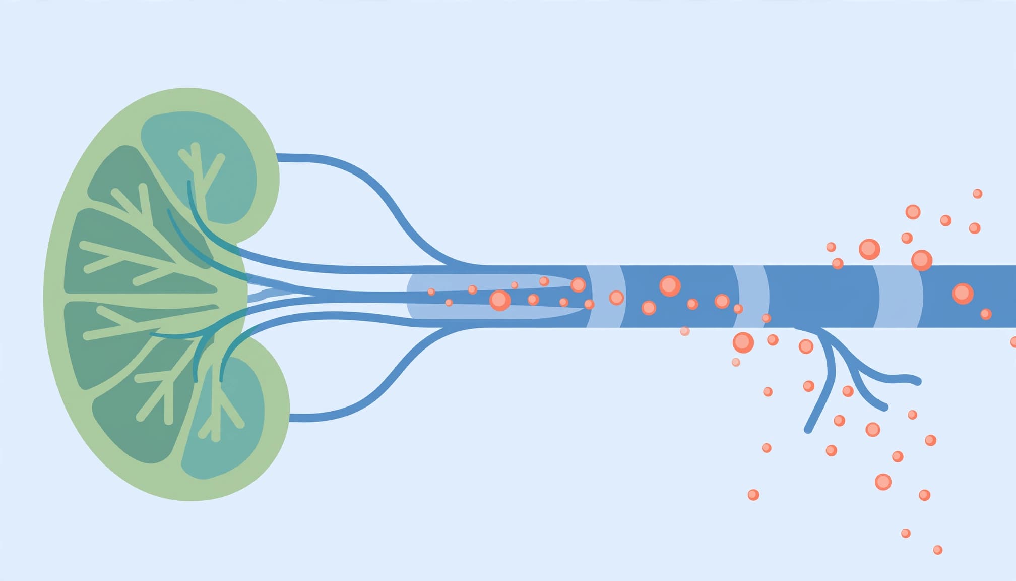 A vector illustration of a green kidney connected to a blue blood vessel with floating orange particles.