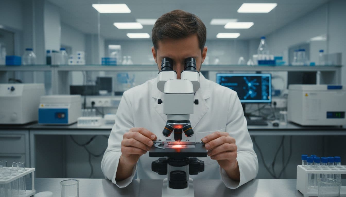 A focused lab technician in a sterile environment examines a tissue sample under a microscope during biomarker testing, with soft lighting and a subtle red glow on the slide.