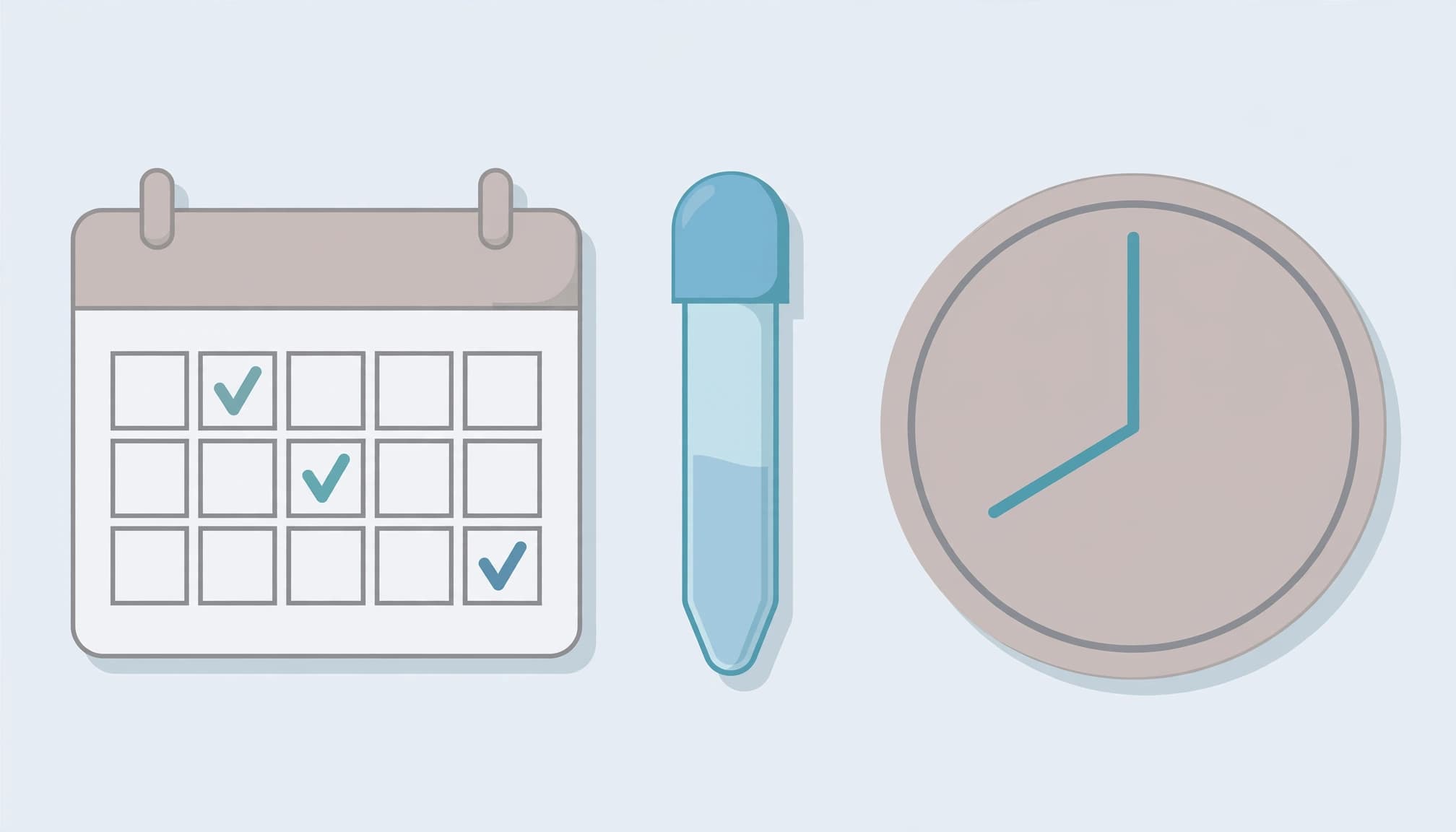 A vector illustration of a calendar with checkmarks, a blood collection tube, and a clock.