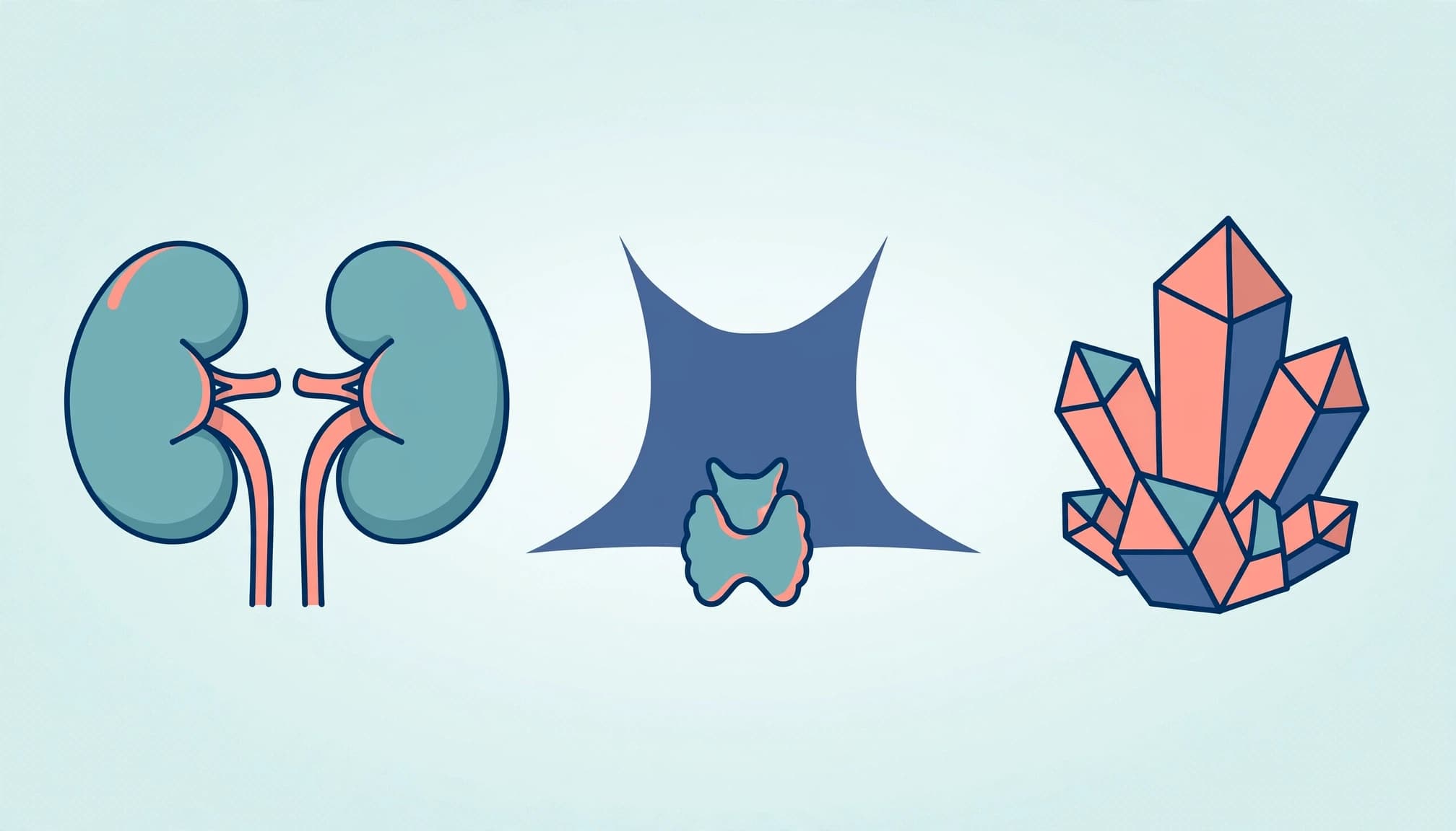 A medical illustration showing kidneys, a neck with a thyroid gland, and a mineral crystal.