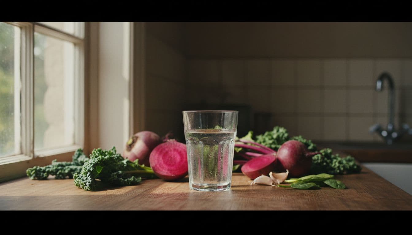 Vibrant beets, garlic cloves, green leafy vegetables, and a glass of water arranged on a kitchen counter with natural light, in a cinematic side-view composition featuring strong contrast, depth, and dramatic lighting in a fresh green and red palette.