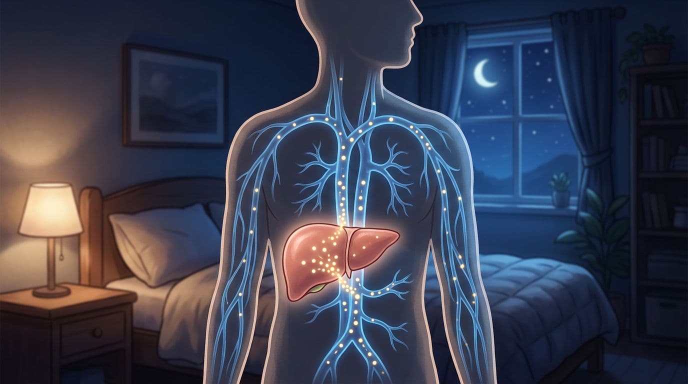 Illustration of a human liver in a body silhouette releasing glucose molecules into the bloodstream at night, with a cozy bedroom background, in simple anatomical style with soft blue lighting.