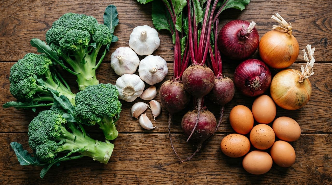 Top-down view of fresh broccoli, garlic, beets, onions, and eggs on a wooden table, promoting liver health with vibrant colors and natural daylight.