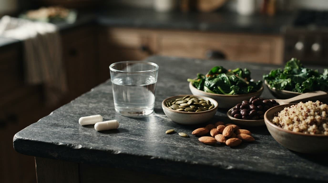 Two capsules, water, and magnesium-rich foods on a dark kitchen surface.