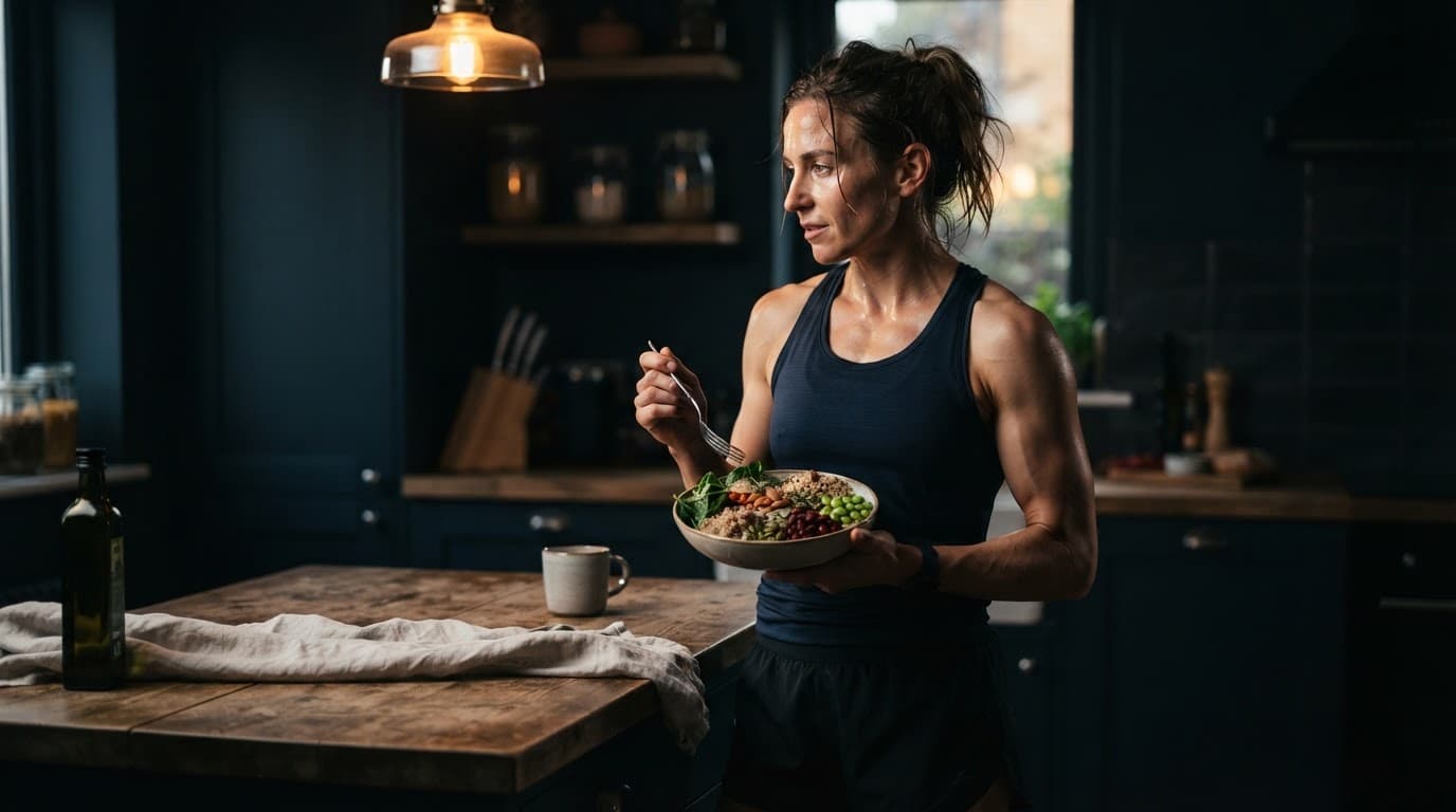 Athlete beside a counter with magnesium-rich foods after training.
