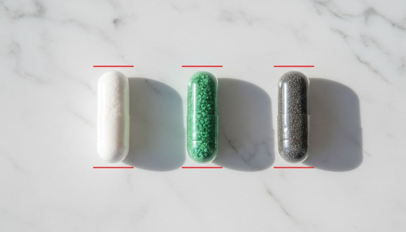 Three supplement capsules side by side on a marble surface: white for magnesium glycinate, translucent green for citrate, opaque gray for oxide, with soft lighting and subtle red accents.