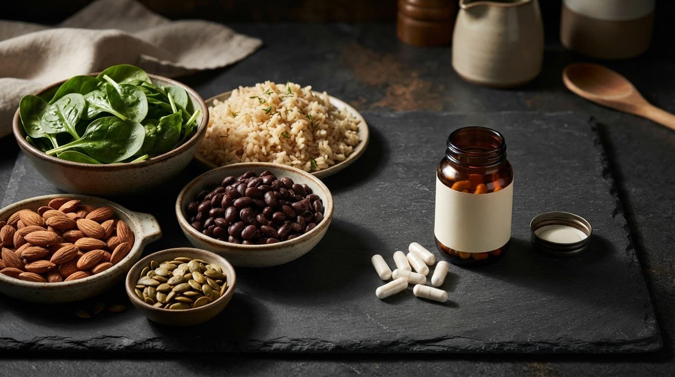 Magnesium-rich foods arranged around a small supplement container on a dark slate table.